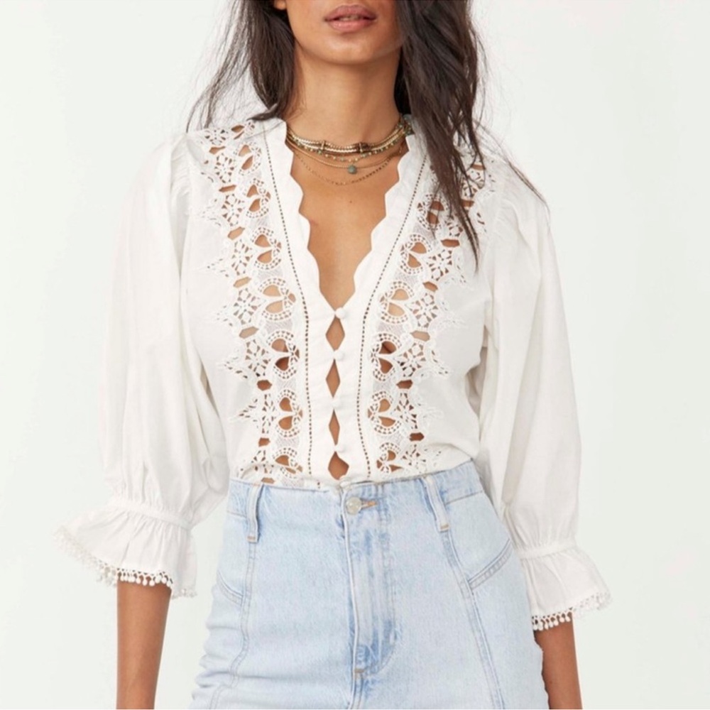 Free People Louella Embroidered Top Small